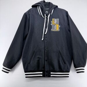 Harry Potter Hufflepuff Varsity Jacket Black Hooded Letterman Coat‎ Mens Medium